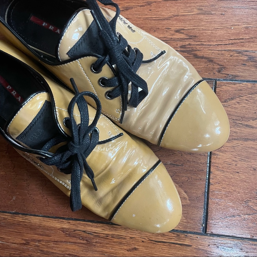 Prada Patent Leather Oxfords Camel and Black Color